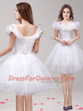 White Prom Party Dress Prom and Party and For with Appliques and Ruffles Off The Shoulder Sleeveless Lace Up