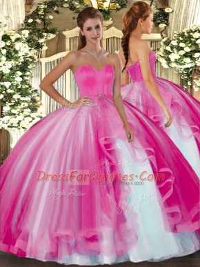 Hot Pink Tulle Lace Up Sweetheart Sleeveless Floor Length Quinceanera Gowns Beading