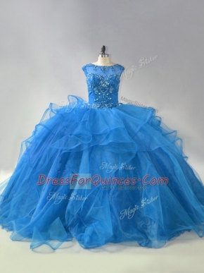 Ball Gowns Sleeveless Blue 15 Quinceanera Dress Brush Train Lace Up