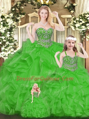 Custom Fit Green Sleeveless Beading and Ruffles Floor Length 15 Quinceanera Dress