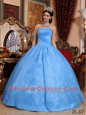 Aqua Blue Discount Ball Gown Strapless With Organza Appliques Quinceanera Dress