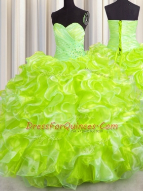 Yellow Green Sweetheart Neckline Beading and Ruffles Sweet 16 Dresses Sleeveless Lace Up
