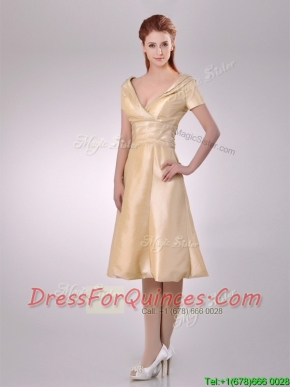 Hot Sale V Neck Champagne Tea Length Dama Dress with Short Sleeves