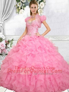 2015 Exquisite Ball Gown Rose Pink Quinceanera Dresses with Beading and Ruffles