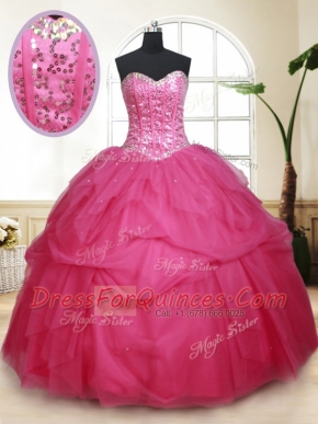 Exquisite Sequins Floor Length Hot Pink Quinceanera Gowns Sweetheart Sleeveless Lace Up