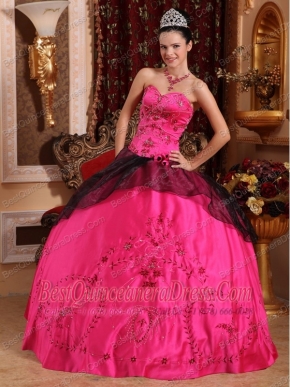 Hot Pink Ball Gown Sweetheart Floor-length Satin Embroidery with Beading Quinceanera Dress