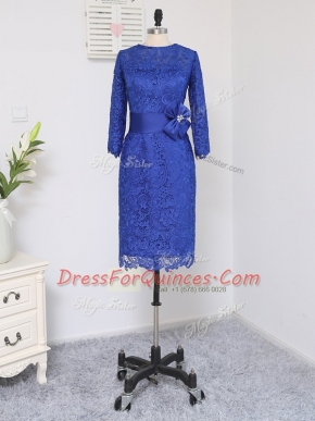 Suitable Column/Sheath Prom Evening Gown Royal Blue Scoop Lace Long Sleeves Knee Length Zipper