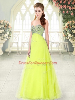 Spectacular Sleeveless Tulle Floor Length Lace Up Dress for Prom in Yellow Green with Beading
