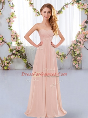 Cheap Pink Sleeveless Floor Length Ruching Lace Up Quinceanera Dama Dress