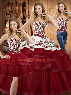 Sweep Train Ball Gowns Quinceanera Gown Wine Red Sweetheart Organza Sleeveless Lace Up