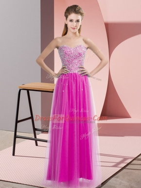 Fuchsia Lace Up Prom Dress Beading Sleeveless Floor Length