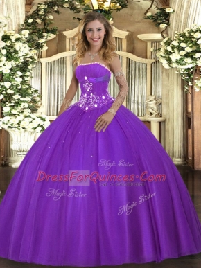 Purple Ball Gowns Tulle Strapless Sleeveless Beading Floor Length Lace Up Ball Gown Prom Dress