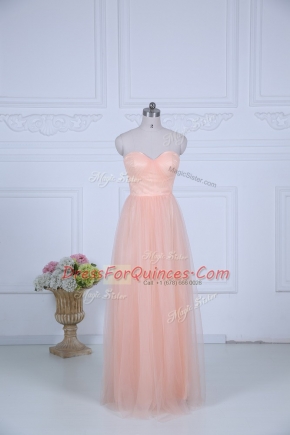 Nice Sleeveless Tulle Floor Length Zipper Quinceanera Court of Honor Dress in Peach with Ruching