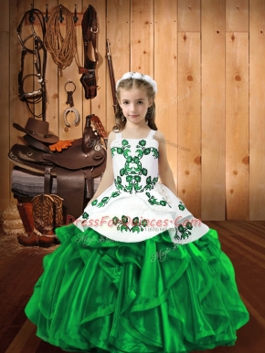 Dark Green Ball Gowns Organza Straps Sleeveless Embroidery and Ruffles Floor Length Lace Up Pageant Gowns For Girls