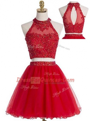 Glorious Tulle Halter Top Sleeveless Zipper Beading and Appliques Prom Dresses in Red