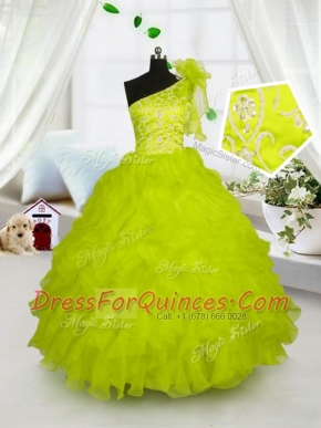 One Shoulder Sleeveless Lace Up Child Pageant Dress Yellow Green Organza