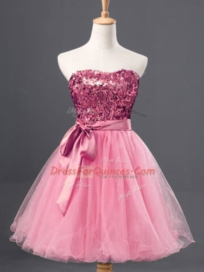 Gorgeous Mini Length Rose Pink Prom Dresses Tulle Sleeveless Sequins