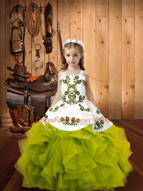 Olive Green Girls Pageant Dresses Party and Wedding Party with Embroidery and Ruffles Straps Sleeveless Lace Up
