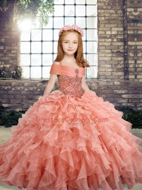 Peach Ball Gowns Straps Sleeveless Organza Floor Length Lace Up Beading and Ruffles Kids Pageant Dress
