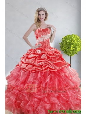 2015 Top Seller Watermelon Red Cheap Quince Dresses with Appliques and Ruffles