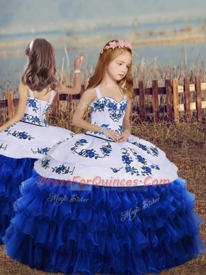 New Style Royal Blue Organza Lace Up Straps Sleeveless Floor Length Little Girls Pageant Dress Wholesale Embroidery and Ruffled Layers
