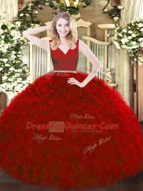 Red Ball Gowns Beading and Ruffles Quinceanera Dresses Zipper Tulle Sleeveless Floor Length