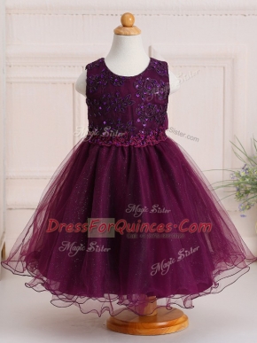 Burgundy Scoop Zipper Appliques Child Pageant Dress Sleeveless