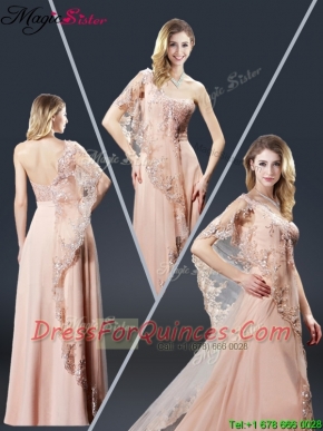 2016 Luxurious One Shoulder Appliques Prom Dresses in Peach