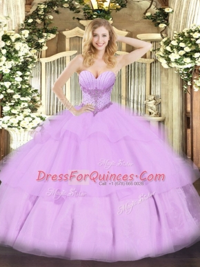 Decent Lavender Tulle Lace Up 15th Birthday Dress Sleeveless Floor Length Beading and Ruffled Layers