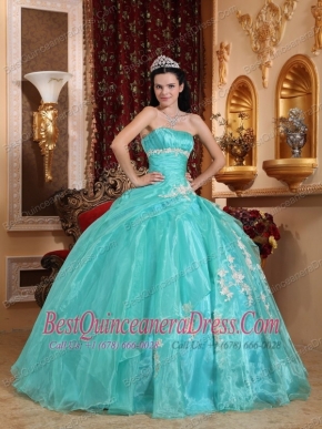 Turquoise Ball Gown Strapless Floor-length Organza Appliques Sweet 16 Dress