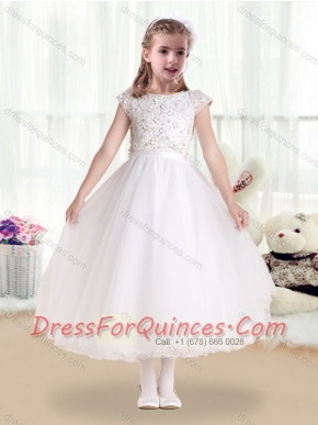Sweet Bateau Cap Sleeves Flower Little Girl Dress  with Appliques