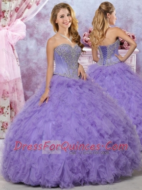 Classical Big Puffy Beaded and Ruffled Quinceanera Dress in Lavender