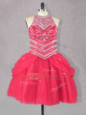 Sumptuous Coral Red Sleeveless Tulle Lace Up for Prom and Party