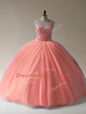 Romantic Ball Gowns Vestidos de Quinceanera Peach Scoop Tulle Sleeveless Floor Length Lace Up