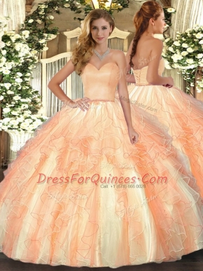 Pretty Sweetheart Sleeveless Ball Gown Prom Dress Floor Length Ruffles Orange Organza
