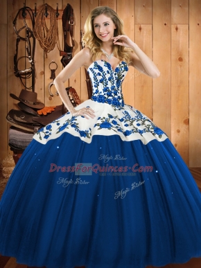 Edgy Blue Quince Ball Gowns Military Ball and Sweet 16 and Quinceanera with Embroidery Sweetheart Sleeveless Lace Up