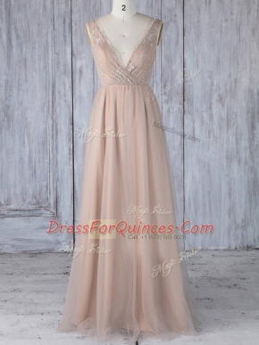 Peach V-neck Zipper Lace Quinceanera Dama Dress Sleeveless