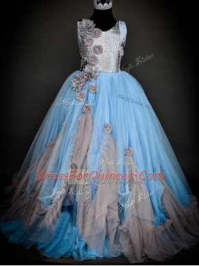 Classical Light Blue Sleeveless Floor Length Sequins and Hand Made Flower Backless Little Girl Pageant Gowns