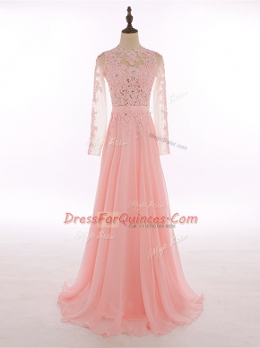 Peach High-neck Neckline Lace and Appliques Sleeveless Zipper