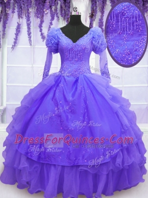 Beading and Embroidery and Hand Made Flower Quinceanera Dresses Purple Lace Up Long Sleeves Floor Length
