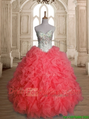 Beautiful Beaded Bodice and Ruffled Quinceanera Dress in Watermelon Red
