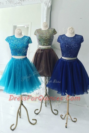 Aqua Blue Zipper Scoop Beading Organza Cap Sleeves
