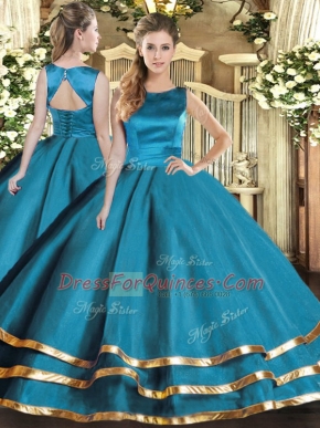 Teal Ball Gowns Scoop Sleeveless Tulle Floor Length Lace Up Ruffled Layers Quinceanera Gown