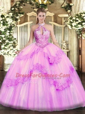Latest Lilac Halter Top Neckline Appliques and Sequins 15th Birthday Dress Sleeveless Lace Up