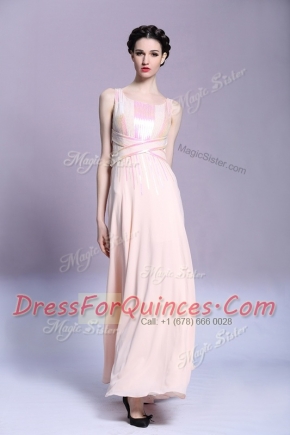 Stunning Square Sleeveless Criss Cross Prom Gown Peach Satin