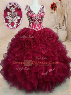 Discount V-neck Sleeveless Zipper Quinceanera Dresses Wine Red Organza