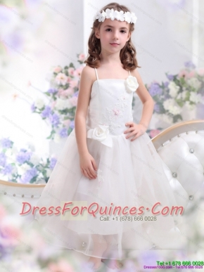 White Spaghetti Straps Adorable Little Girl Pageant Dresses with Hand Made Flower and Appliques