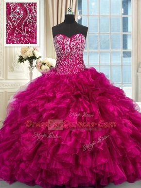 Customized Fuchsia Ball Gowns Sweetheart Sleeveless Organza Brush Train Lace Up Beading and Ruffles Sweet 16 Quinceanera Dress
