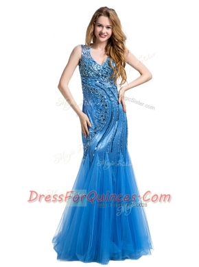 Mermaid Baby Blue Zipper V-neck Beading and Appliques Prom Dresses Tulle Sleeveless