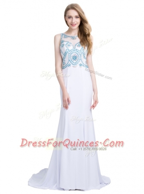 Scoop White Zipper Prom Party Dress Beading Sleeveless With Brush Train